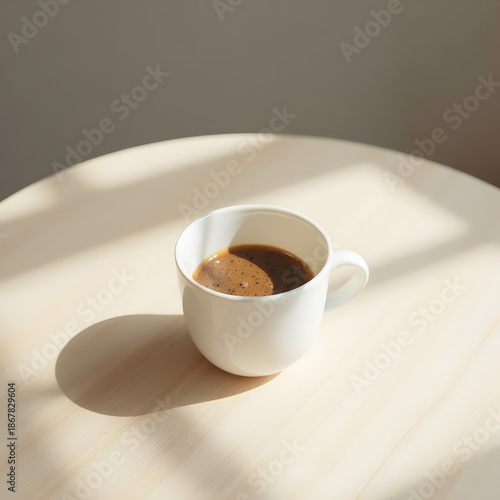 Minimal Coffee Break Concept with White Ceramic Cup on Light Wooden Table, Clean Stock Photography Style