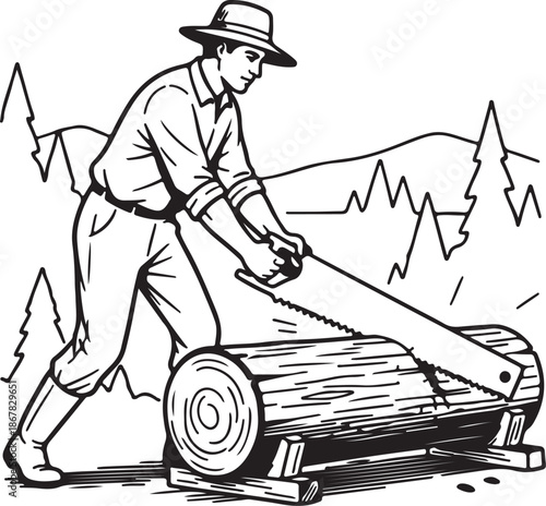 Black and white line art illustration of a man, a woodcutter or logger, actively sawing a large log of wood with a handsaw in a rustic forest or mountain setting, depicting manual labor and craftsmans