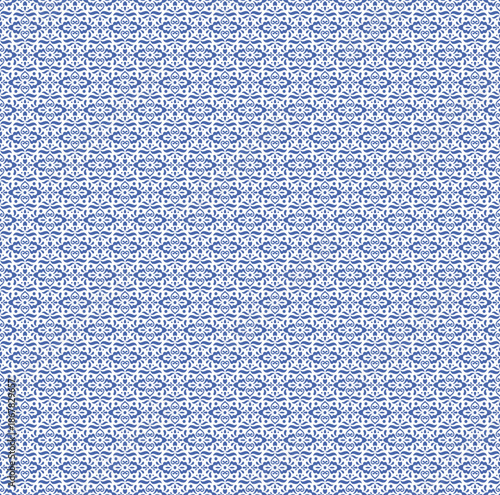 Elegant blue and white seamless ornamental pattern, a classic decorative background with intricate heart and floral motifs, ideal for textiles or digital design