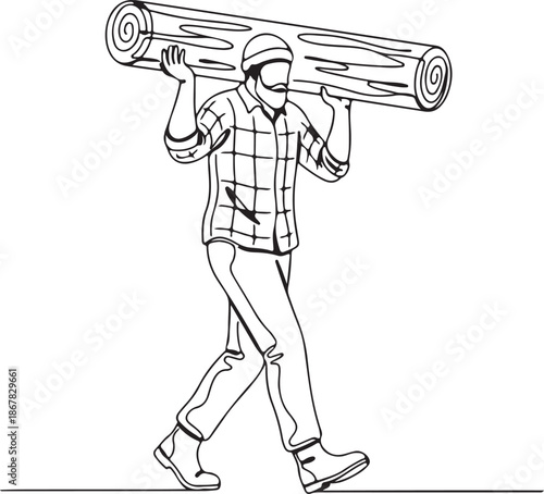 Lumberjack or woodcutter carrying a large log, timber, or tree trunk on his shoulders, depicted in a continuous one line art drawing style.