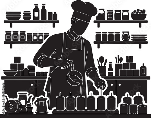 Silhouette illustration of a professional chef or cook preparing food in a busy restaurant kitchen, engaged in a culinary process like baking or mixing ingredients.