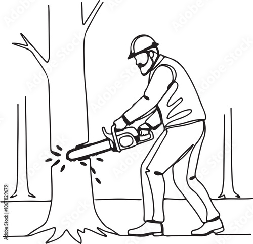 Continuous line drawing of a lumberjack or logger cutting a tree with a chainsaw, depicting forestry work, deforestation, or tree removal in a minimalist illustration style.