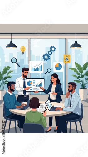 A diverse team of professionals collaborating in a modern office meeting, discussing data and business strategies with visual aids.
