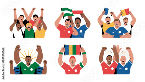 Crowd of joyful supporters cheer, waving flags, and celebrating.