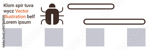 Technology, data management, software, development, coding, user interface. Abstract bug icon with surrounding text and geometric shapes. Technology and data management concept