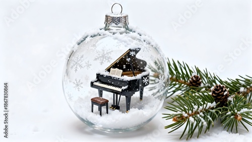Glass Christmas bauble ornament with miniature piano, chair and snowflakes inside