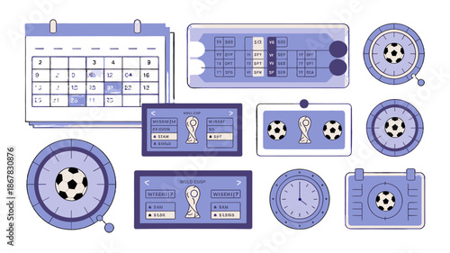 Sports-themed icons including calendar, clock, and soccer ball.