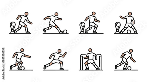 Soccer player icon set demonstrating various actions on the field.