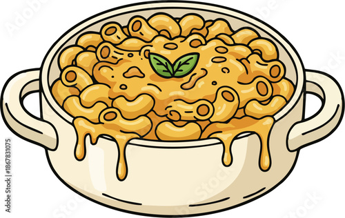 Cute macaroni and cheese illustration in a bowl with melting cheese and fresh herb garnish, perfect