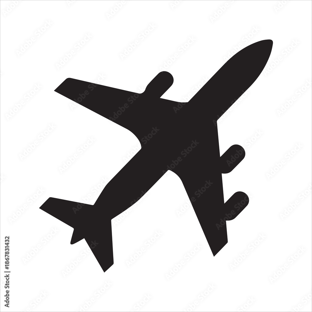 Obraz premium Airplane Silhouette Icon – Black Commercial Jet Flying Diagonally on White Background
