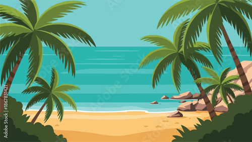 Scenic Beach Scene A Tropical Paradise with Palm Trees, Sandy Shores, and Ocean Views for a Relaxing Getaway
