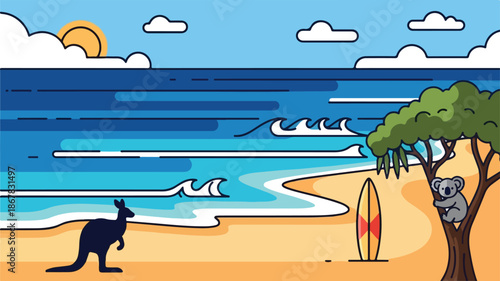 Australian Beach Scene Illustration Koala, Kangaroo, Surfboard, Waves, and Sunny Skies