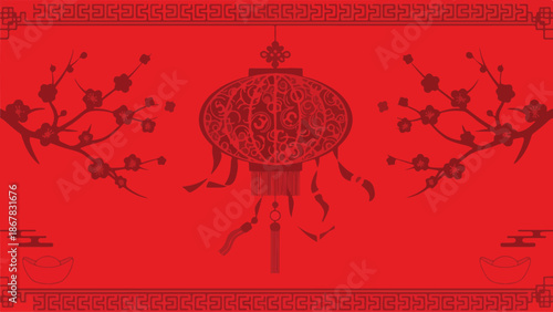 Chinese New Year Red Background Decorative Lantern and Blooming Branches for Celebration