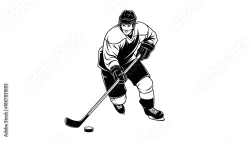 Hockey player in action with puck.