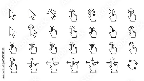 Comprehensive collection of modern line art cursor and hand pointer icons for user interface design, web interaction, and usability applications
