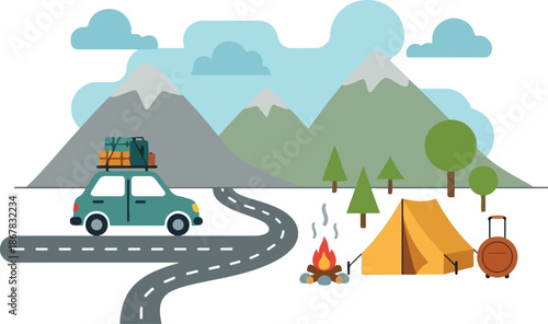 Camping Adventure Road Trip with Car, Tent, and Mountain Scenery for Outdoor Exploration