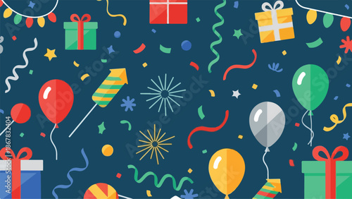 Festive Celebration Background Gifts, Balloons, Fireworks, and Confetti on a Dark Blue Canvas