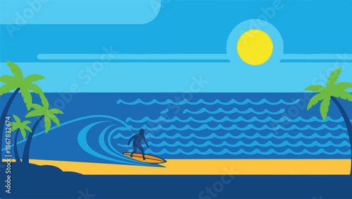 Surfing at Sunrise A Vibrant Vector Illustration of a Surfer Riding a Wave by the Beach