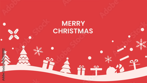 Festive Red Christmas Graphic with Decorative Trees, Gifts, and Snowflakes, Ideal for Holiday Greetings