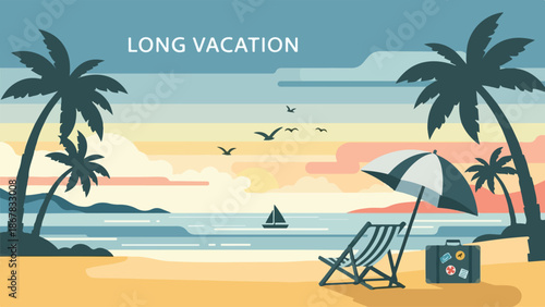Long Vacation Serene Beach Scene with Palm Trees, Sea, and Relaxation Essentials