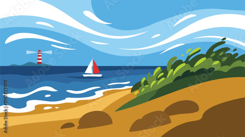 Coastal Scene Illustration Sailboat, Lighthouse, and Sandy Beach Under a Cloudy Sky - Peaceful Nautical Art