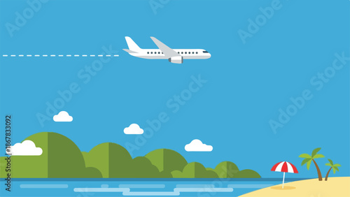 Airplane Flying Over Tropical Landscape A Vector Illustration of Travel and Vacation