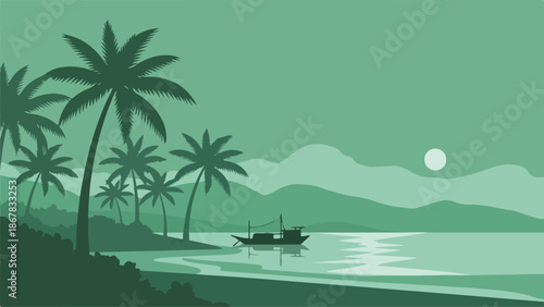 Tropical coastal scene featuring palm trees, a boat on the water, and mountains in the distance with a full moon
