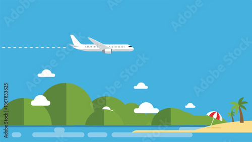 Illustration of a Plane Flying Over a Tropical Island with Mountains, Beach and Clouds