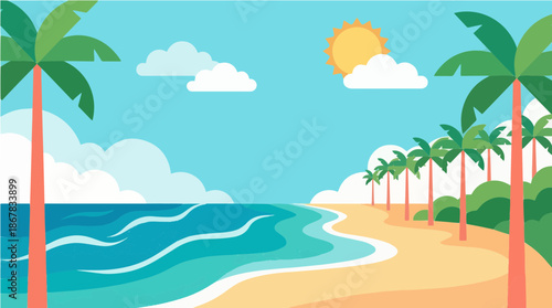 Tropical beach landscape vector illustration, palm trees, ocean waves, clear sky, flat modern style, bright natural colors, summer vacation concept