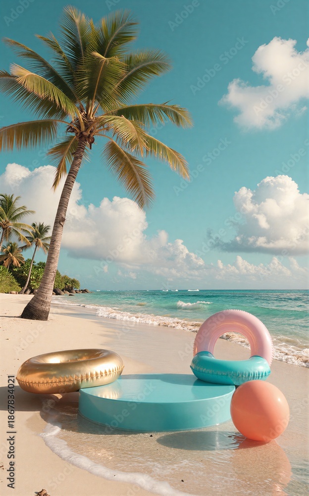 Obraz premium Beach scene: gold and pink inflatable rings, blue podium, palm trees, ocean waves.