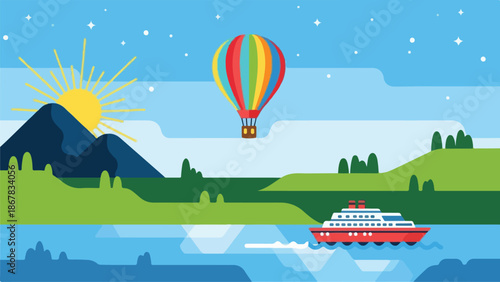 Scenic Landscape with Hot Air Balloon and Cruise Ship A Journey of Adventure and Exploration