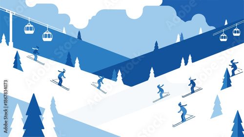 Skiers Descending Snowy Slopes A Vibrant Vector Illustration of Winter Sports and Mountain Scenery