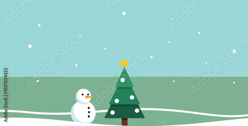 Christmas Scene Snowman and Decorated Tree Under a Winter Sky with Falling Snowflakes