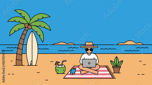 Workation Bliss Laptop Lifestyle by the Shore, Palm Trees, Surfboard, and Beachside Serenity