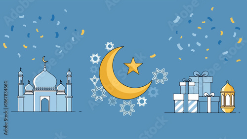 Eid Mubarak Celebration Mosque, Crescent Moon, Gifts and Lanterns on Blue Background