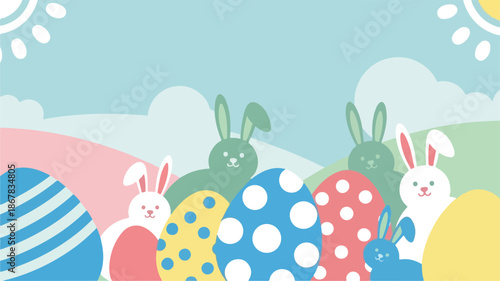 Easter Celebration Colorful Eggs and Bunny Rabbits in a Springtime Scene