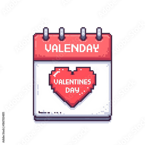 A pixel art calendar page displaying Valentine's Day on a transparent background : illustrations and elements for valentines day