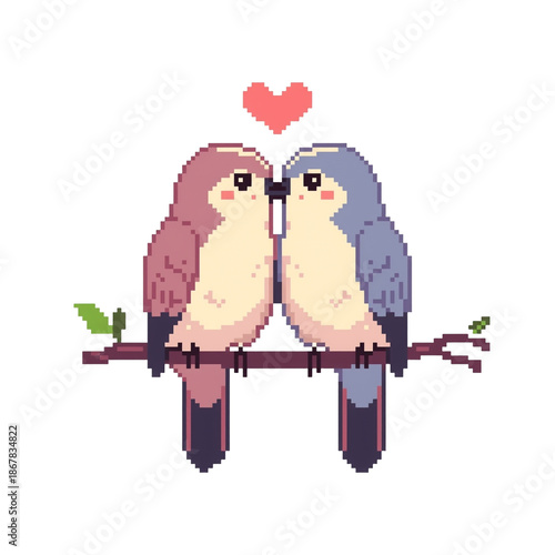 Two adorable pixelated birds sitting on a branch with a heart above them on transparent background : illustrations and elements for valentines day