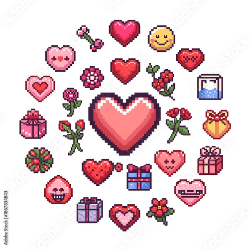 A colorful pixel art illustration of hearts, gifts, and flowers on transparent background, perfect for Valentine's Day : illustrations and elements for valentines day