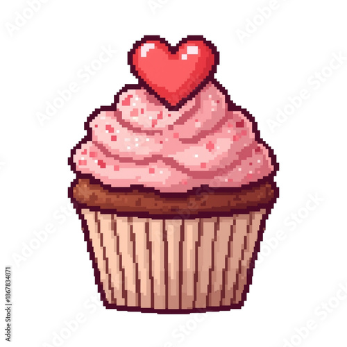 A delicious cupcake with pink frosting and a heart on top on transparent background : illustrations and elements for valentines day