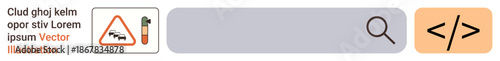 Online navigation, search engine usage, web development, coding systems, traffic safety, technology integration. Warning icon, search bar and code symbol . Online navigation and search engine usage