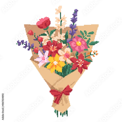 A vibrant bouquet of flowers wrapped in brown paper and tied with a red bow on transparent background : illustrations and elements for valentines day