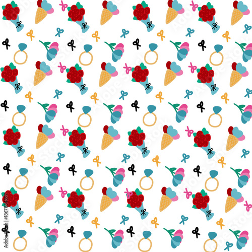 Cute marriage proposal texture. Repeating illustration of jewelry rings and flowers for wrapping paper.