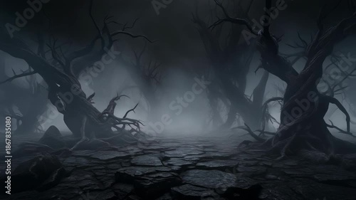 Dark misty fantasy forest with twisted trees
