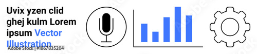 Data visualization, analytics tools, communication, tech solutions, software development, progress tracking. Microphone icon, bar graph and gear symbol. Data analysis and analytics tools concept