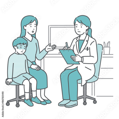 体調不良を訴える男の子と母親と女性医師（白衣・小児科）