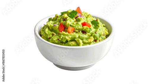 A vibrant, creamy bowl of mashed avocado dip, speckled with red tomatoes, onions, and cilantro, served in a clean white bowl