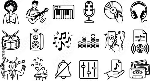 Line art music icon set with singer looking at camera and guitarist playing acoustic guitar keyboard microphone and mixer sliders