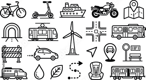 Line icon set showing bicycle and scooter with ship motorcycle tram bus car map marker wind turbine and eco symbols