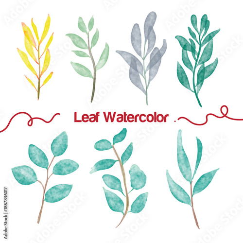 Watercolor Leaf Clipart Set with Colorful Botanical Branches